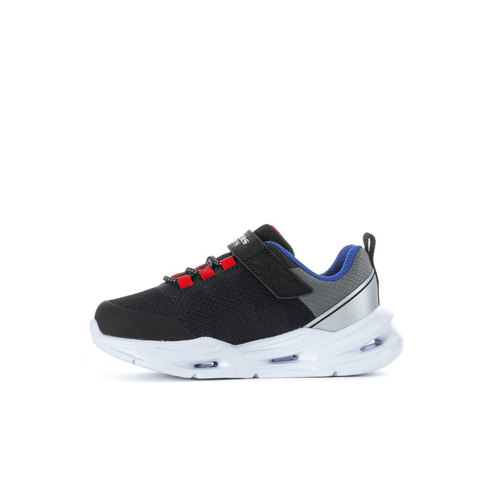 Toddler black sneaker with blue trim, silver side stripe, red lace detail, white sole