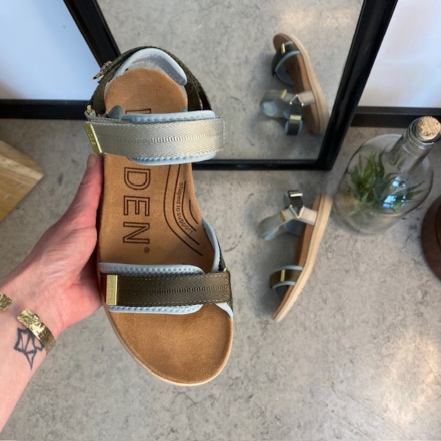 Ljusblå/grön Woden sandal med bra fotvalvsstöd