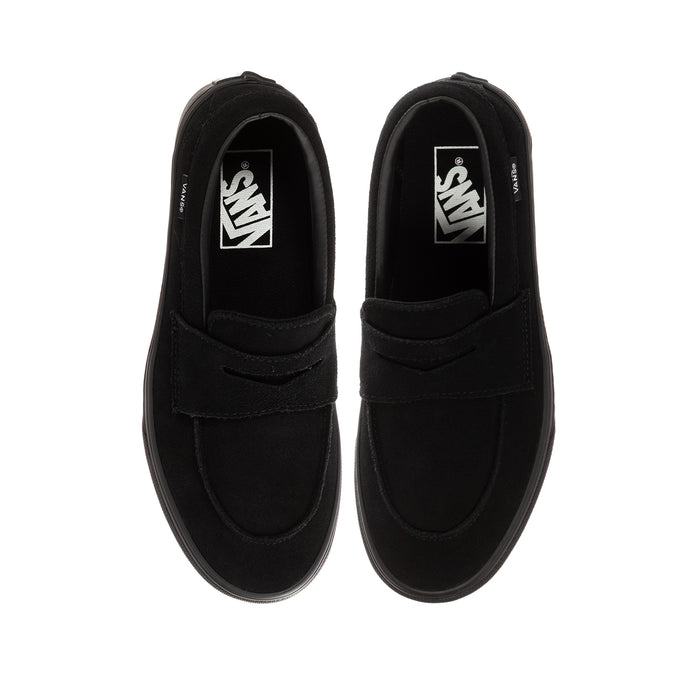 Youth black Vans loafer, toe and vamp view with strap detail