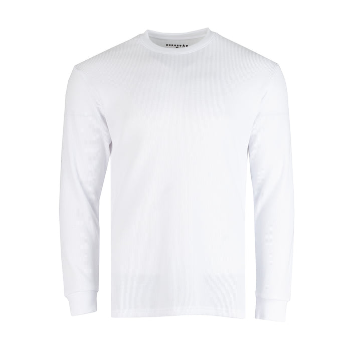 Men's long-sleeve solid thermal shirt, white crew neck front