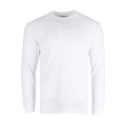 Men's long-sleeve solid thermal shirt, white crew neck front