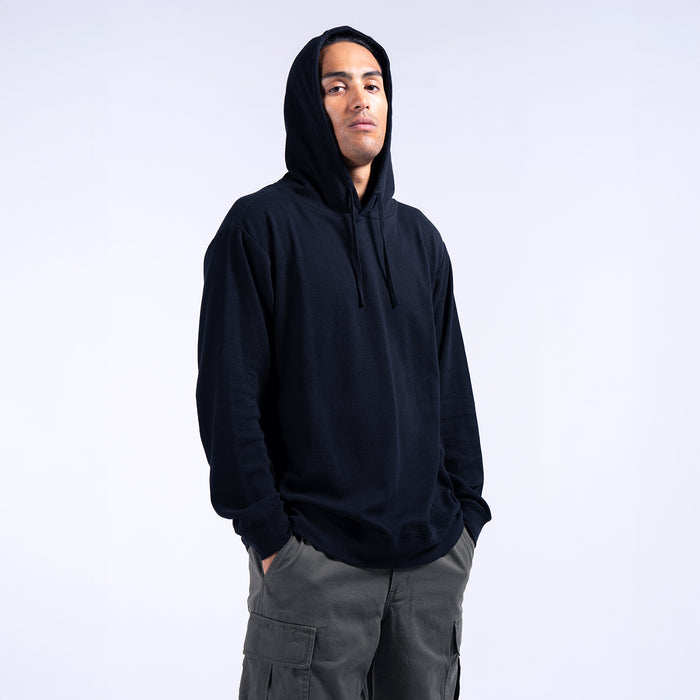 Black thermal pullover hoodie for men, side view, drawstring hood.