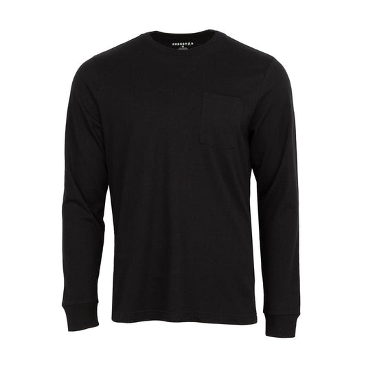 Men's black long-sleeve work shirt with crew neck and chest pocket