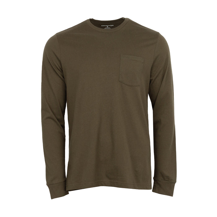 Olive men’s long-sleeve work shirt with crew neck and chest pocket