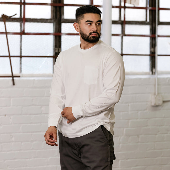 White men’s long-sleeve work shirt with chest pocket and crew neck
