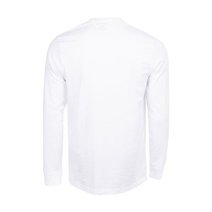 White men’s long-sleeve work shirt, back view with crew neck