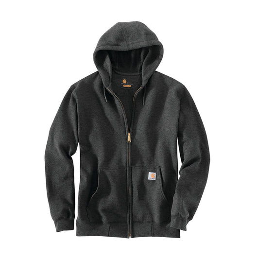 Heather gray zip-front hoodie with attached hood, drawstrings, and logo chest patch