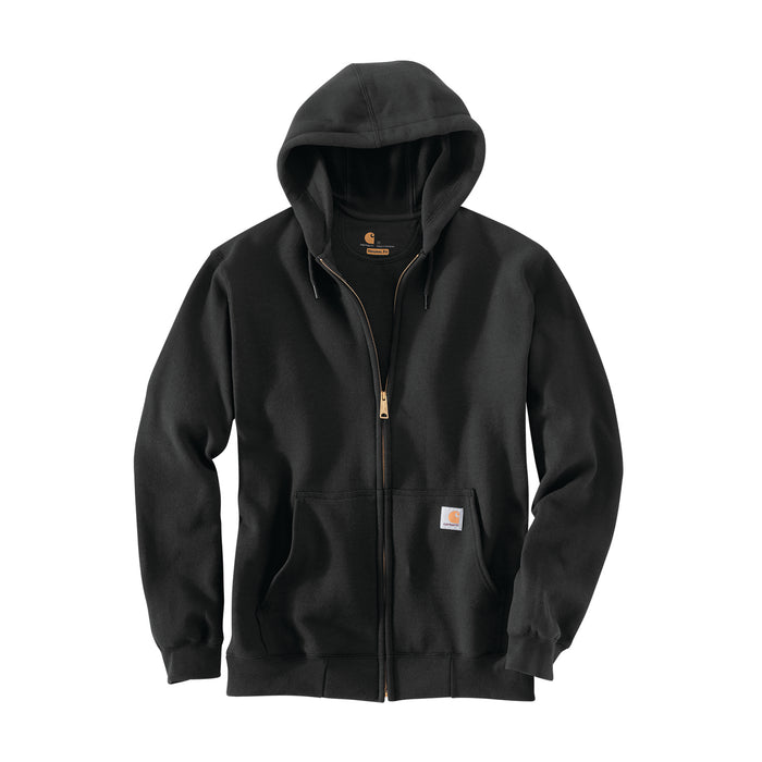 Black full-zip hoodie with hood, drawstrings, and front pocket