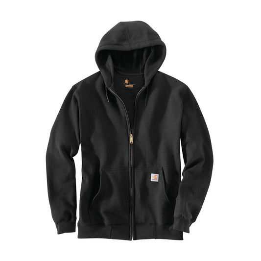 Black full-zip hoodie with hood, drawstrings, and front pocket