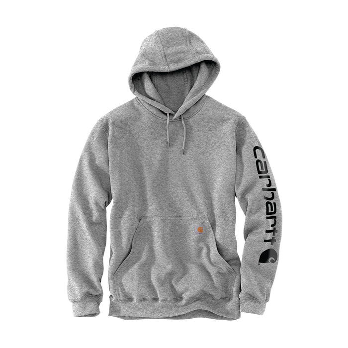 Heather gray Carhartt pullover hoodie with hood, drawstrings, and front kangaroo pocket.