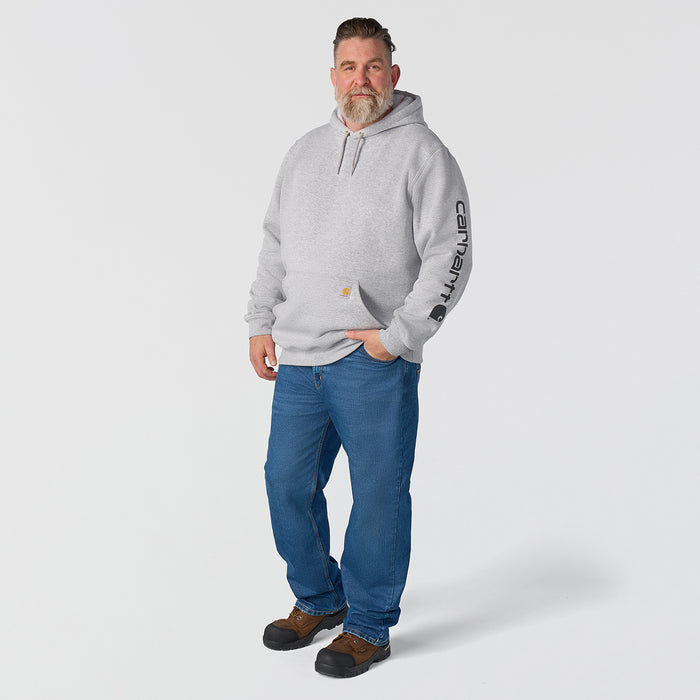 Heather gray Carhartt hoodie with hood, drawstrings, and vertical sleeve graphic on cuff.