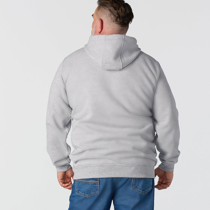 Heather gray Carhartt pullover hoodie, back view with hood and kangaroo pocket.