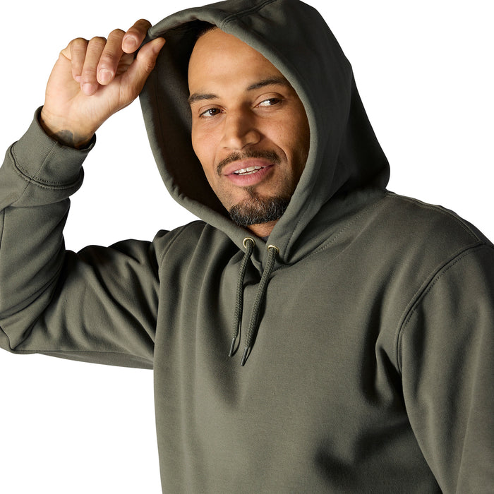 Men's dusty olive pullover hoodie with drawstring hood and front detail