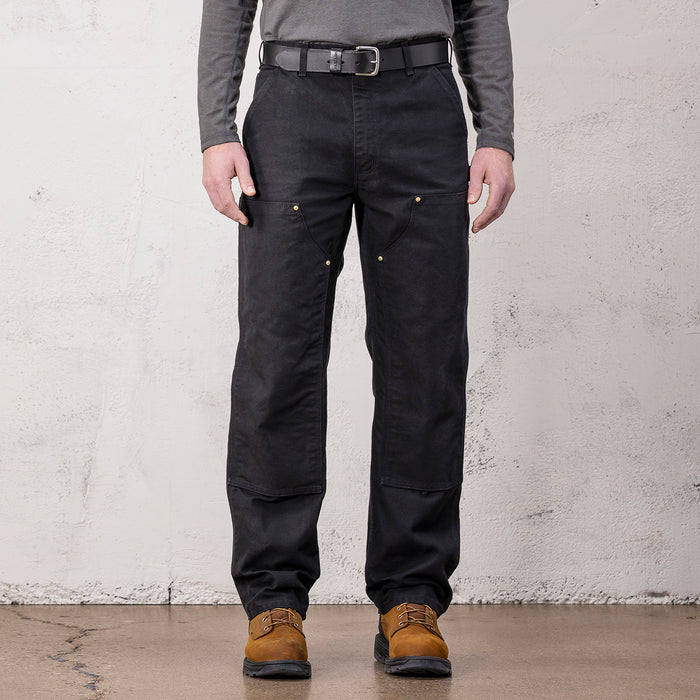 Men's black straight work dungaree pants with cargo pockets and belt loops