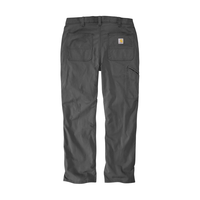 Loose straight work pants, dark gray gravel, with button fly, front pockets, and belt loops