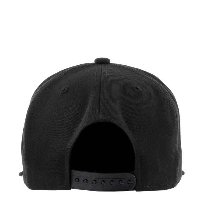 Black baseball cap back view with adjustable strap and ventilation eyelets
