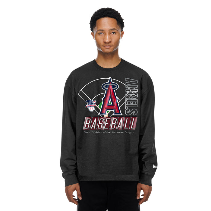 Men's black long-sleeve crewneck with Los Angeles Angels baseball logo, worn by model