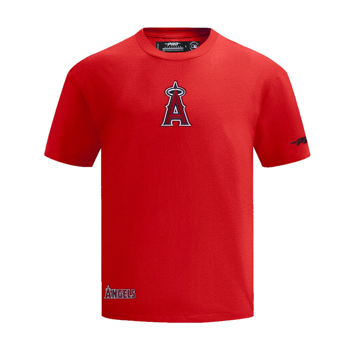 Men's red Los Angeles Angels crewneck tee with chest A logo and 'ANGELS' hem print