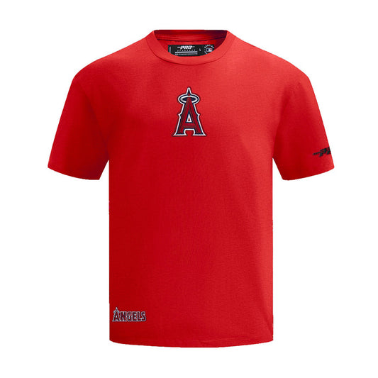 Men's red Los Angeles Angels crewneck tee with chest A logo and 'ANGELS' hem print