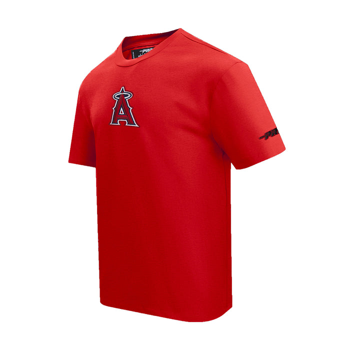 Men's red Los Angeles Angels crewneck tee, chest A logo, small sleeve graphic