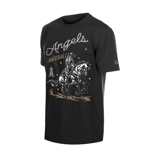 Men's black western tee with Angels baseball graphic on front