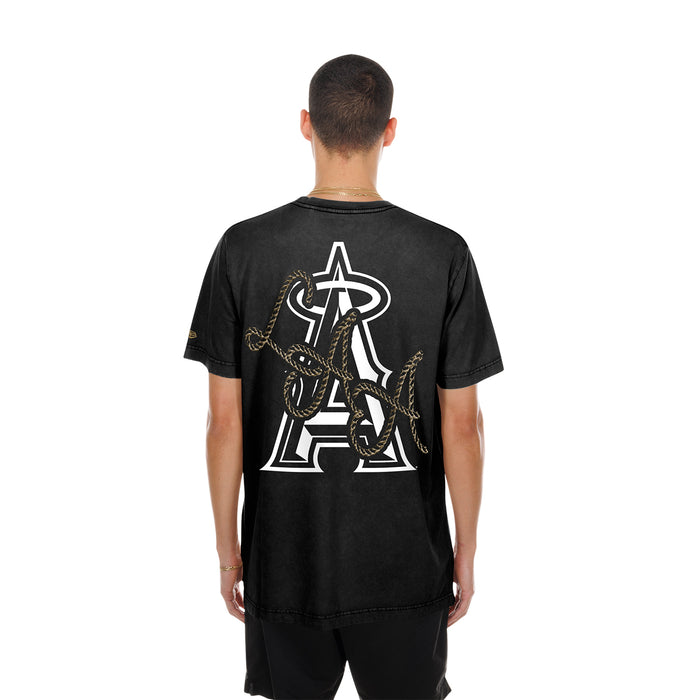 Men's black western tee with large back Angels baseball logo graphic