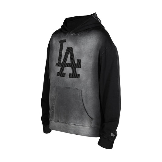 Men's faded black hoodie with LA logo, front pocket, drawstring hood