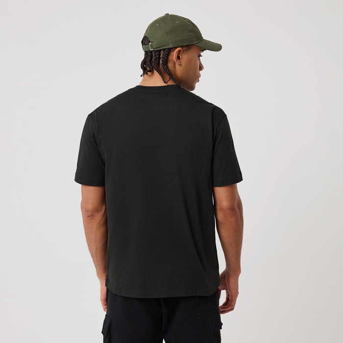 Black men’s T-shirt back view, plain crew neck and short sleeves.