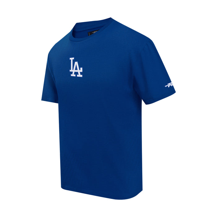 Men’s blue Dodgers T-shirt with LA logo on the chest and small sleeve graphic