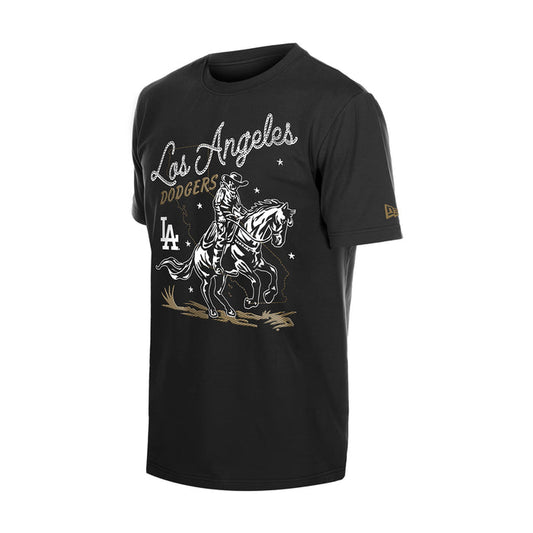 Men's black Western graphic T-shirt with Los Angeles script and Dodgers rider