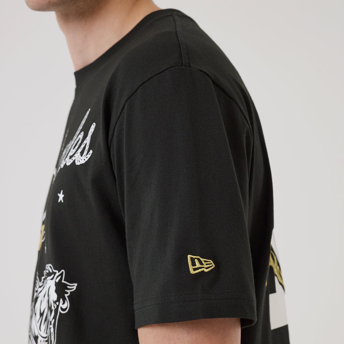 Men's black T-shirt with small New Era flag logo on short sleeve