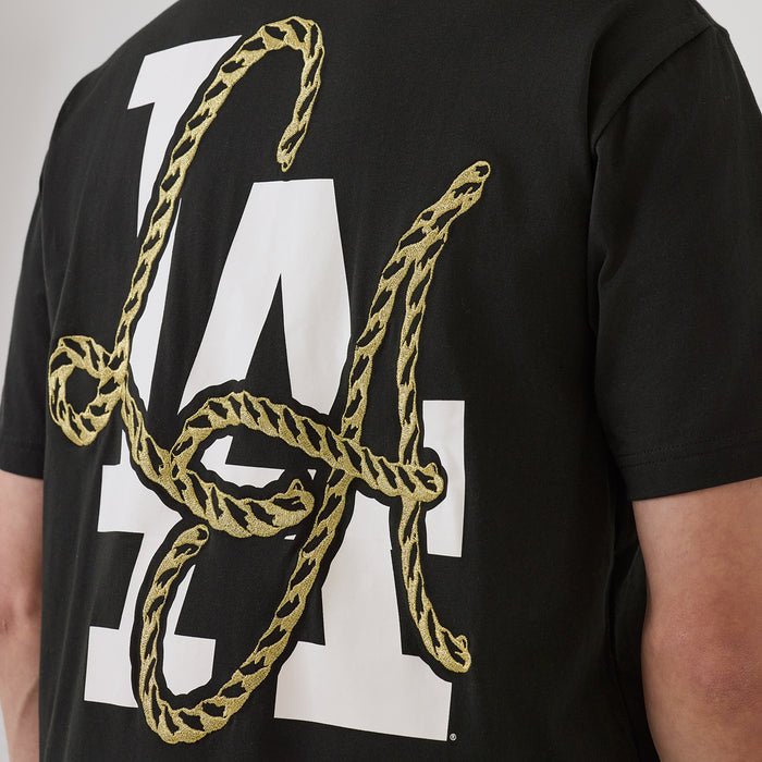 Men's black T-shirt close-up of large LA monogram with rope detail