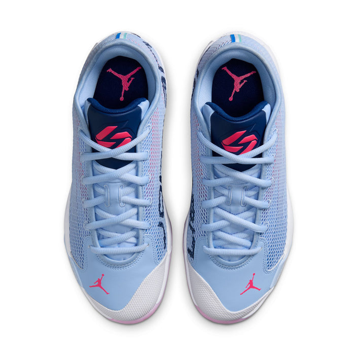 Pair of men's blue sneakers with white midsoles, lace-up design, and Jordan logos