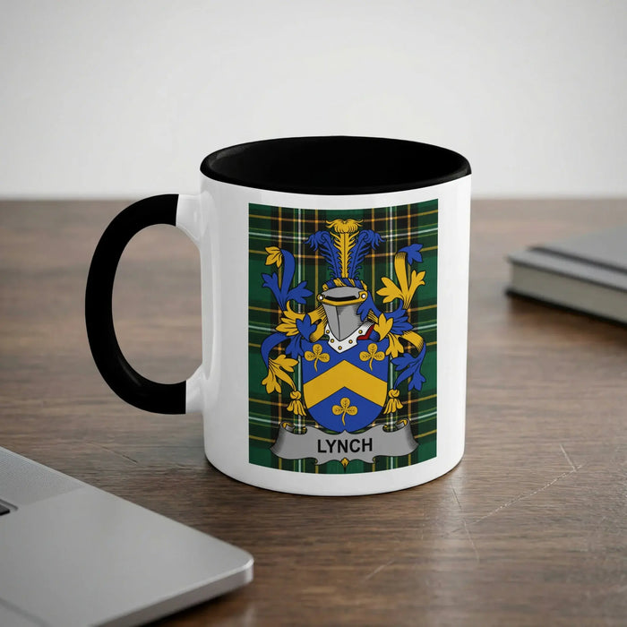 Lynch Irish heritage mug with black handle and family crest