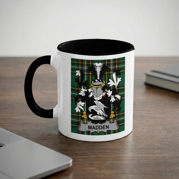 Madden Irish heritage mug with black handle and family crest