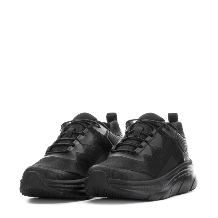 Pair of women's slip-resistant black lace-up sneakers, front angle, thick tread sole