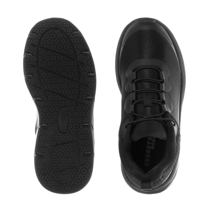 Women's slip-resistant black sneakers, outsole tread and heel view