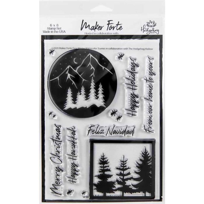 Maker Forte - Clear Stamps By Hedgehog Hollow 6"X8" - Easy Winter Watercolor Scenes. The Easy Winter Watercolor Scenes photopolymer stamp set makes it simple to create watercolor images. Designed by The Hedgehog Hollow. Measures 6 inches by 8 inches with 11 individual stamps. Made in USA. Available at Embellish Away located in Bowmanville Ontario Canada.