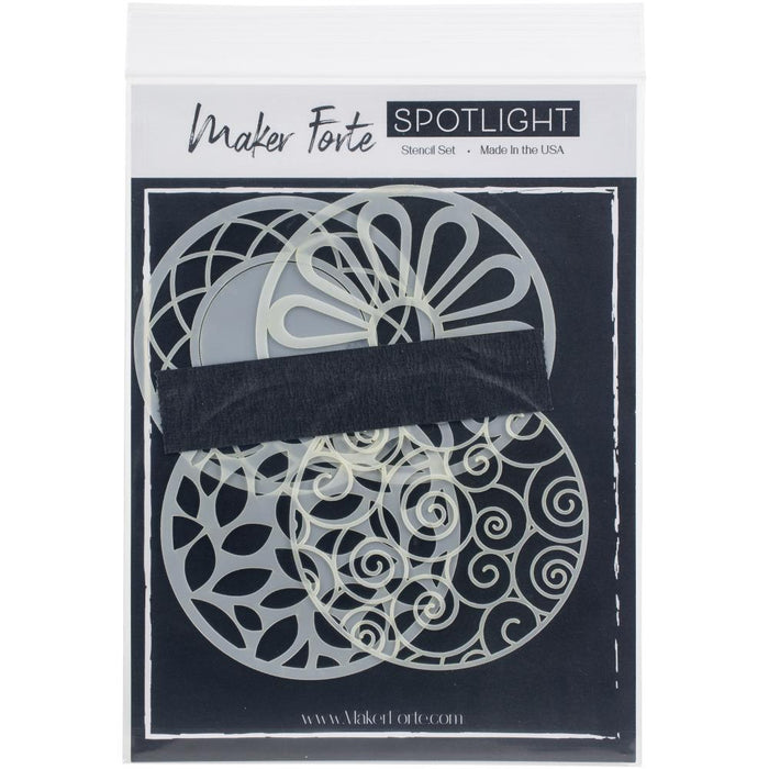 Maker Forte - Stencils Spotlight Insert - Collection 1. this package includes 4 circle dies that measure 3.5" and designed to coordinate with the Spotlight Stencil Line. Made in USA. Available at Embellish Away located in Bowmanville Ontario Canada.