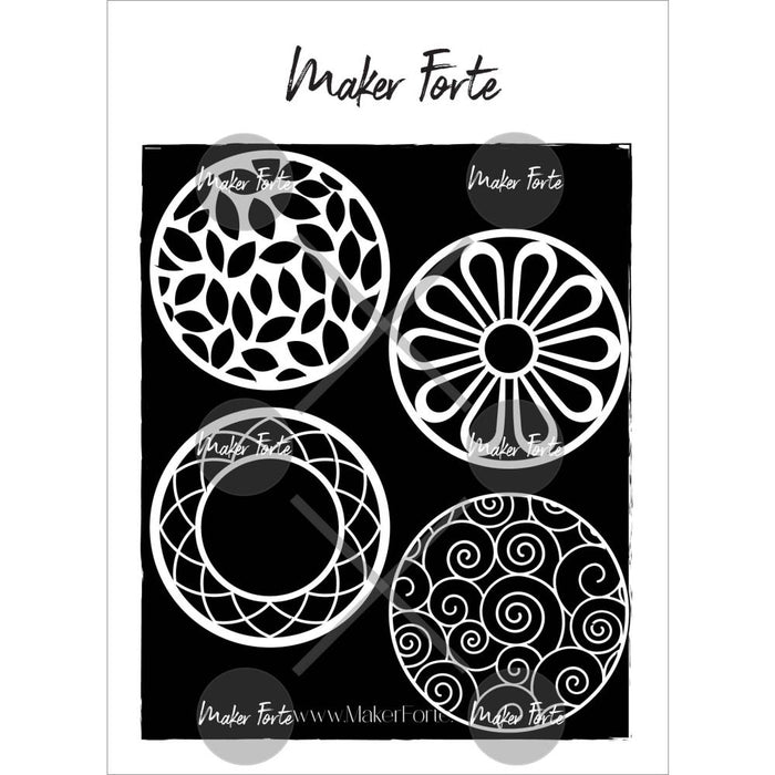 Maker Forte - Stencils Spotlight Insert - Collection 1. this package includes 4 circle dies that measure 3.5" and designed to coordinate with the Spotlight Stencil Line. Made in USA. Available at Embellish Away located in Bowmanville Ontario Canada.