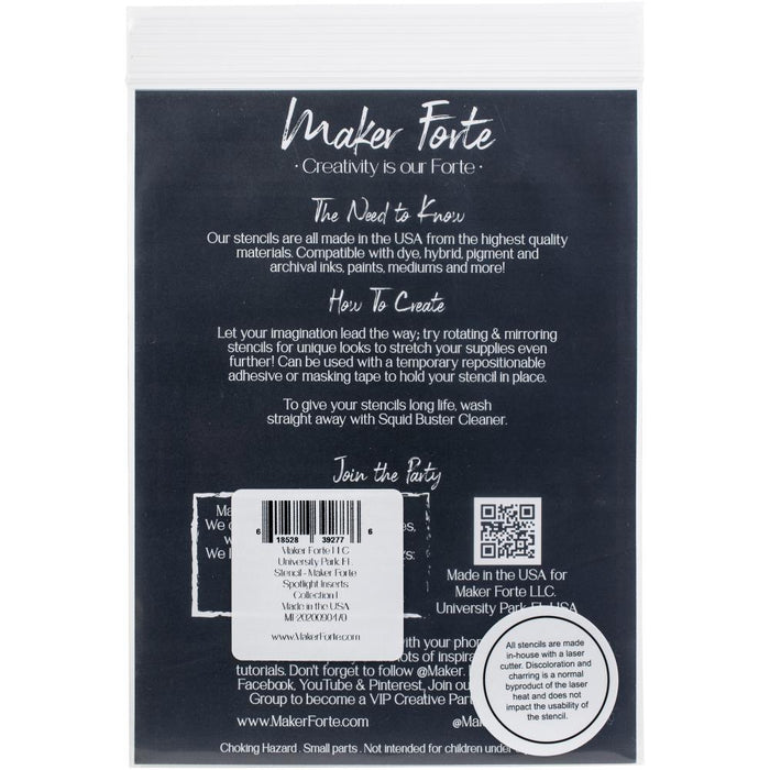 Maker Forte - Stencils Spotlight Insert - Collection 1. this package includes 4 circle dies that measure 3.5" and designed to coordinate with the Spotlight Stencil Line. Made in USA. Available at Embellish Away located in Bowmanville Ontario Canada.