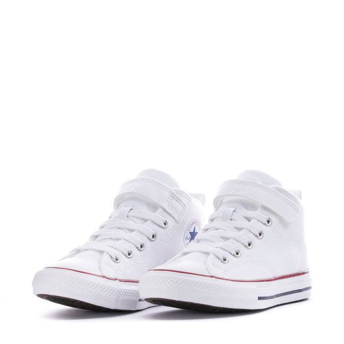 Kids white high-top sneakers pair with lace-up closure and rubber toe cap