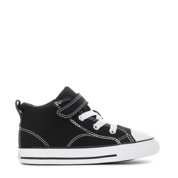 Toddler black high-top sneakers with white stitching, strap closure, and lace-up front.