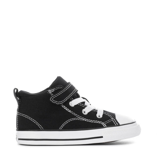 Toddler black high-top sneakers with white stitching, strap closure, and lace-up front.