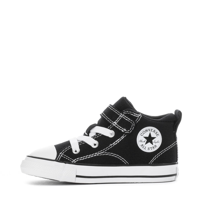 Toddler black Converse All Star high-top sneakers with white laces and stitched seams.