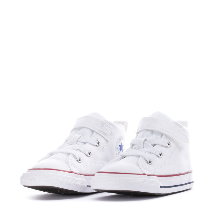 Pair of toddler white high-top sneakers with lace-up front and red/blue toe stripe