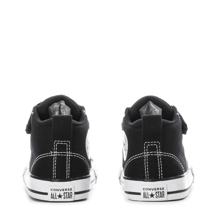 Toddler black high-top sneakers with Converse All Star logo on heel and white contrast stitching.