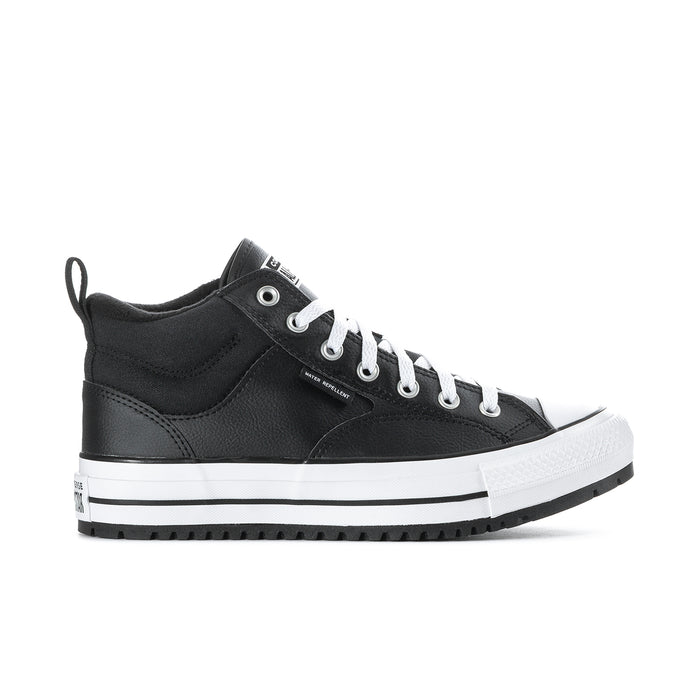 Men's black high-top boot, white laces and rubber toe cap