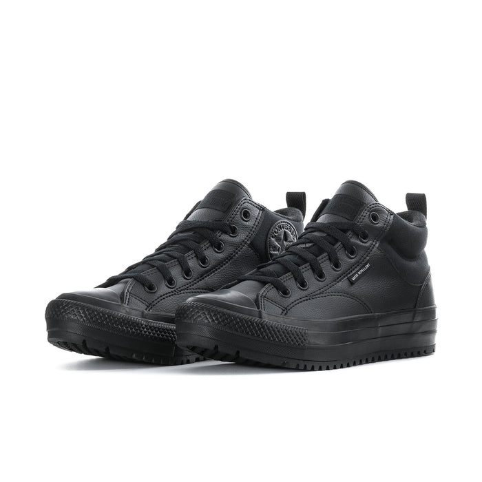 Black high-top lace-up boots pair with textured rubber outsole and thick tread