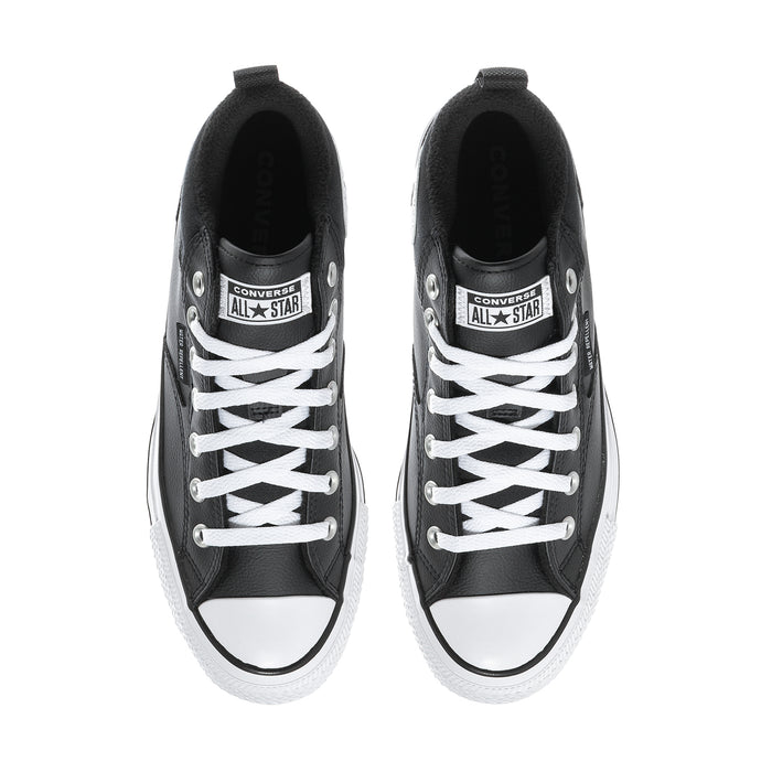 Men's black high-top boots with white laces and Converse All Star tongue labels